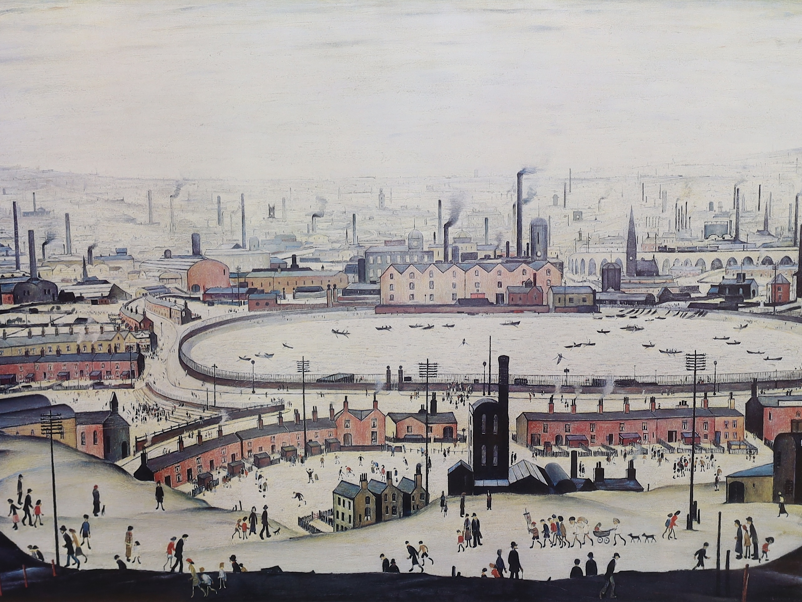 Laurence Stephen Lowry (English, 1887-1976), ‘The Pond', offset colour lithograph, 45.5 x 58cm